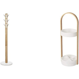 Umbra Flapper Coat Rack – Clothes Rack with 9 Drop-Down Hooks for Entryway and Office, Wood, White, 57.2 x 57.2 x 165.1 cm, White (White/Natural, Bundle with Umbrella Stand)