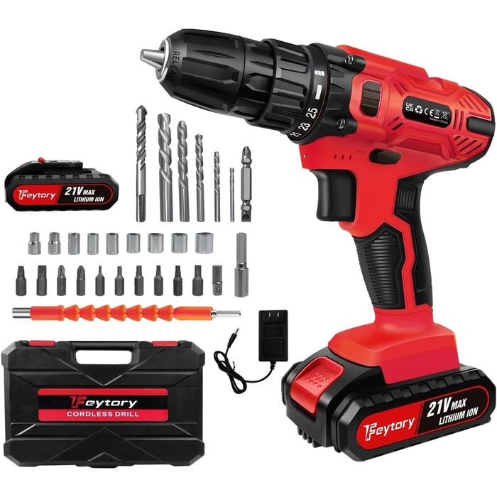 Акумуляторний шурупокрут-дрель 21V з набором аксесуарів (1500mAh, 45Nm, 25+1 ступенів) для дому та саду