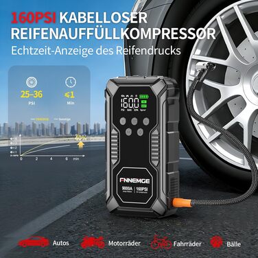 Пусковий пристрій FNNEMGE Powerbank 26800mAh 9000A з компресором 160PSI для авто 12В (бензин та дизель до 12.0л), бустер з USB-портом, LED-ліхтарем та LCD-дисплеєм