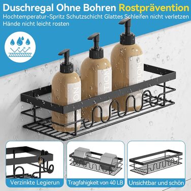 Поличка для душу без свердління, 3-секційний органайзер для душу з регульованими кошиками, нержавіюча сталь - Максимальний простір для зберігання з мильницею та 3 гачками для душу, ванної, кухні, балкону - Підставка для душу без свердління