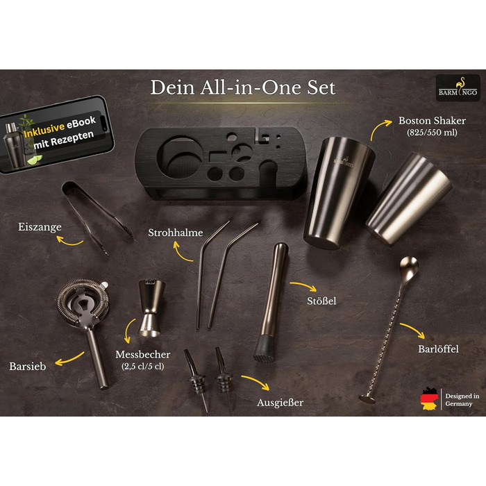 Набір для коктейлів BARMINGO з нержавіючої сталі 11 предметів – Набір Boston Cocktail Shaker 825 мл зі стійкою та аксесуарами для бару, Набір шейкерів для коктейлів | Набір бармена | Набір для змішування коктейлів | Набір для бару | Набір Boston Shaker | 
