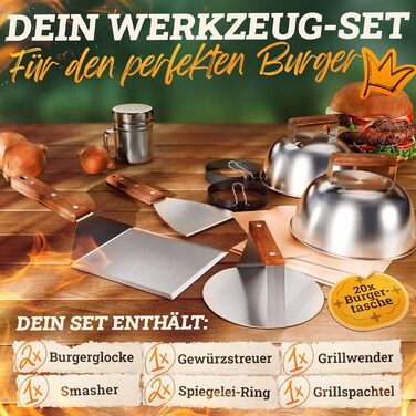 Набір для приготування Smash Burger XXL [9 предметів] з нержавіючої сталі з дерев'яними ручками для Plancha, гриль-плити, газового гриля та вогняної чаші | 1x прес для бургера, 2x формочки для бургера, 1x шпатель для гриля, 1x лопатка для гриля та інше | 