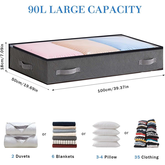 Комод під ліжко, 90л, органайзер для зберігання речей, коробка для білизни, постільної білизни, одягу (сірий)