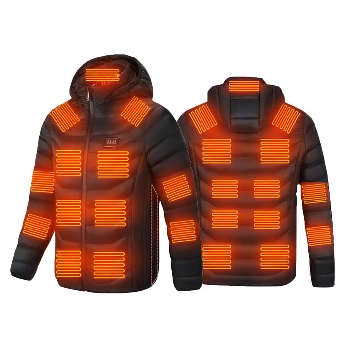 Обогрівальна куртка для чоловіків та жінок з капюшоном, тепла куртка-пуховик, зимова куртка для активного відпочинку, полювання, мотоциклів, кемпінгу, чорного кольору, XL