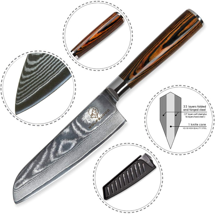 Ніж Santoku з дамаської сталі Wolfblood (24 см) – професійний кухонний ніж з 67 шарів дамаської сталі, дерев'яною ручкою, подарункова коробка та захист леза