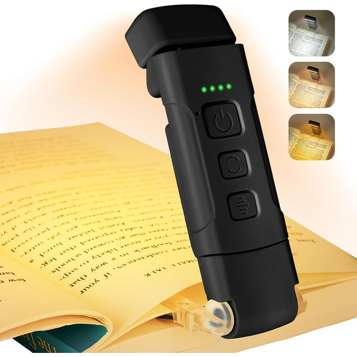 Кліпса-лампа для читання, перезарядна, 3 режими температури кольору, USB, гнучка 360°, для книг, в ліжко, для дітей та любителів читання (чорний)