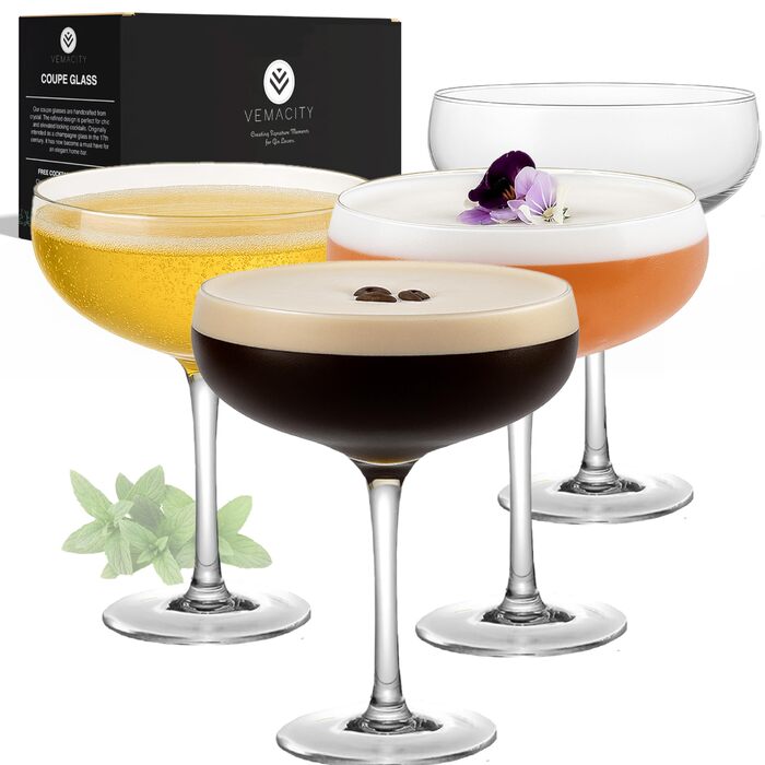 Набір з 4 елегантних келихів для Еспресо Мартіні Vemacity | Ручна робота | Келихи для шампанського, коктейлів, Маргарити | Ідеально для подарунка
