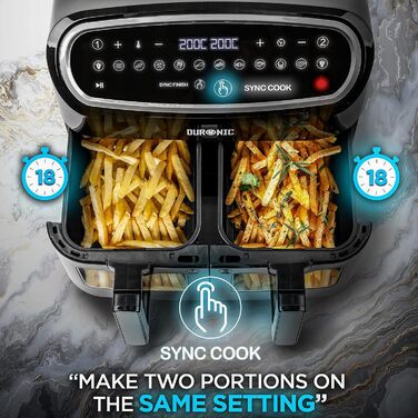Duronic AF34 BK Hot Air Fryer, XXL Hot Air Fryer with 2 Chambers for Fries, Fryer HLF 10L Volume Airfryer, Air Fryer for Recipes Without Oil