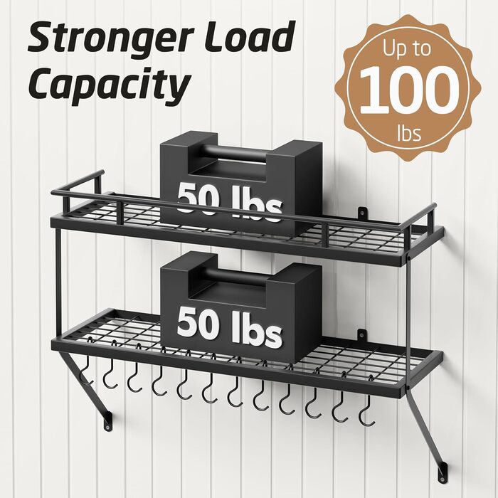 KES Double Kitchen Shelf Pan Holder Kitchen Utensil Holder Kitchen Pan Holder with 12 Hooks Hanging Shelf Pot Wall Shelf 75CM Wall Mounting Matt Black, KUR215S75B-BK