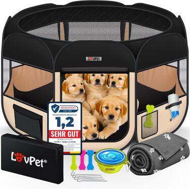 LOVPET® Foldable Pet Playpen with Food Bowl & Fleece Blanket - Indoor/Outdoor Dog & Cat Pen, Pop-Up Crate, Oxford Fabric, Grey/Black