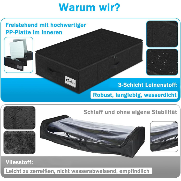 Коробки для зберігання під ліжко з кришкою, 12 см, 2 шт., складні, для одягу та ковдр, чорні