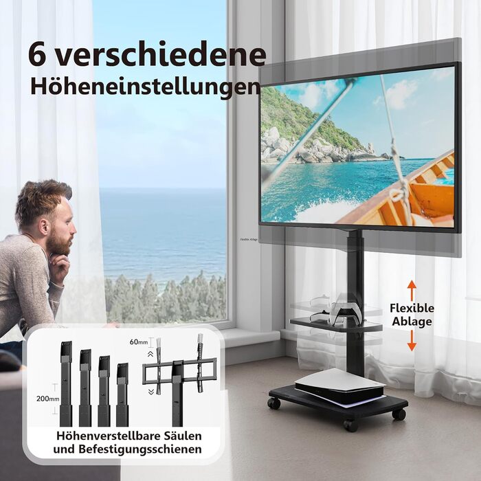 FITUEYES Rolling TV Stand with Wood Shelf - Adjustable Height & Swivel - Fits 32-70 inch TVs up to 40kg, VESA 400x600 - White/Black