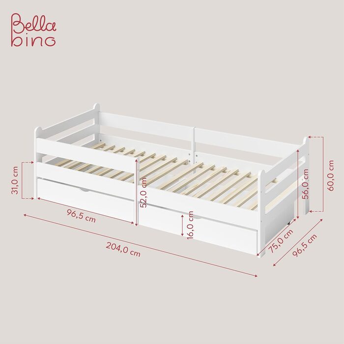 Bellabino Kinderbett Kuru 90x200 with 2 Drawers, Single Bed for Children incl. Fall Protection and Slatted Frame, White Children's Bed, Bed for Boys and Girls with Drawers White