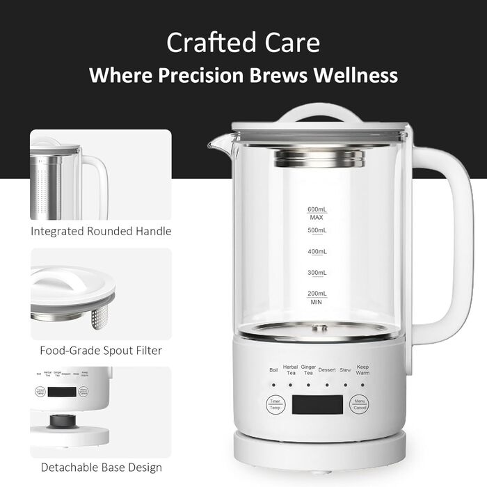 Електричний чайник Glas 0.6L, 500W, регулювання температури 40-75°C, таймер, сенсорне управління, BPA-free, компактний, для кухні/спальні/кемпінгу, для чаю/кави, білий