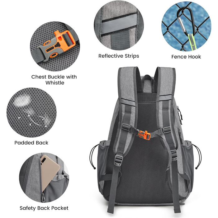 G4Free Tennis Bag Backpack - Large Capacity Tennis Racket Bag with Shoe Compartment for Men & Women (Grey)