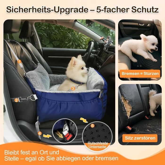 Автокрісло для собак 3-в-1 – переносна ліжко для маленьких собак, з розкладною поверхнею, м'яким матрацом, для переднього або заднього сидіння, внутрішнє та зовнішнє використання (04-Blau)