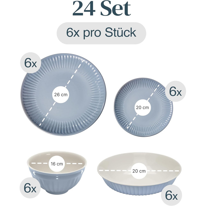 Набір посуду Steingut Hygge 24 шт. для 6 осіб: серія Pure Living, сіро-блакитний колір