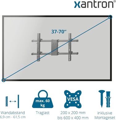 Кронштейн для ТБ Xantron® Strongline похилий 37-75 дюймів, VESA 100x100 - 600x400, до 75 кг, мінімальна відстань від стіни + комплект кріплень