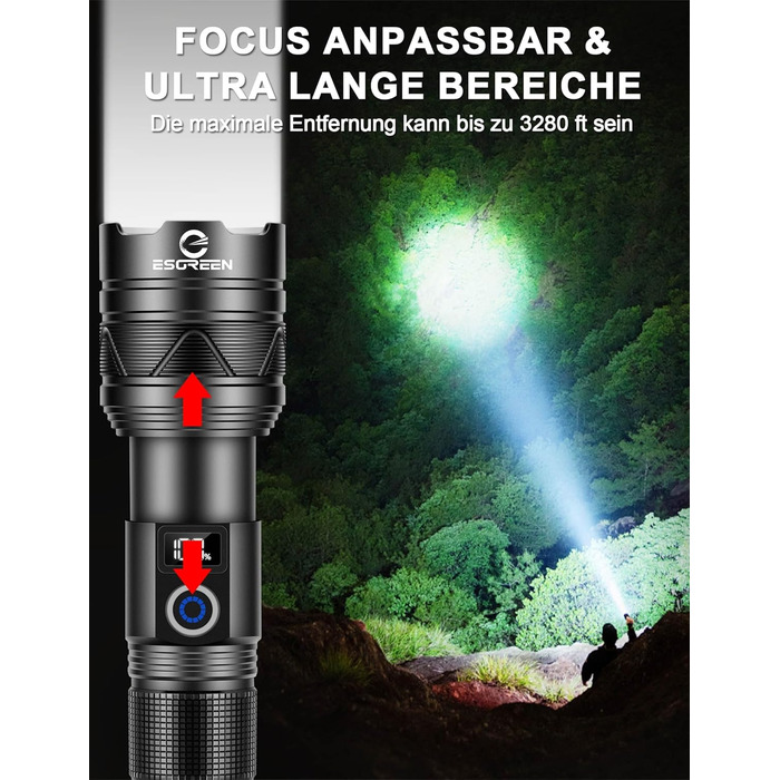 LED ліхтарик Esgreen 500000 люменів - тактичний, потужний, з USB-C, зумом, 5 режимів, для кемпінгу та безпеки