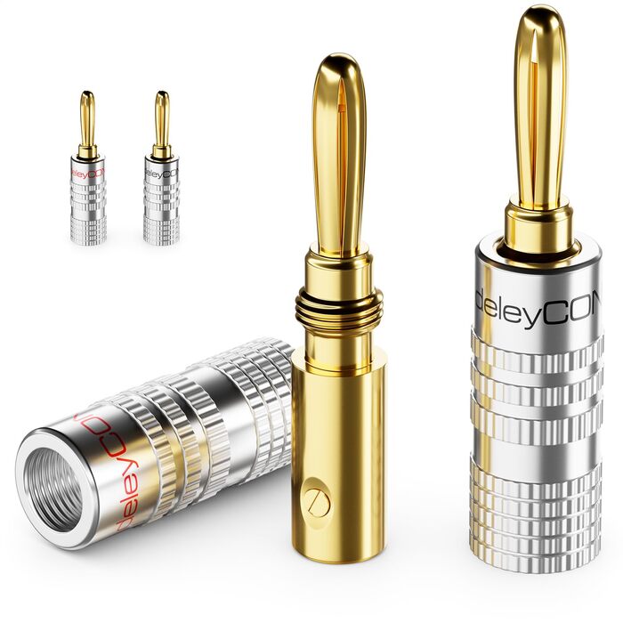 Бананові конектори DeleyCON (4 шт.) - позолочені, для акустичних кабелів 0,75-4,5 мм, Hi-Fi ресивери, срібні
