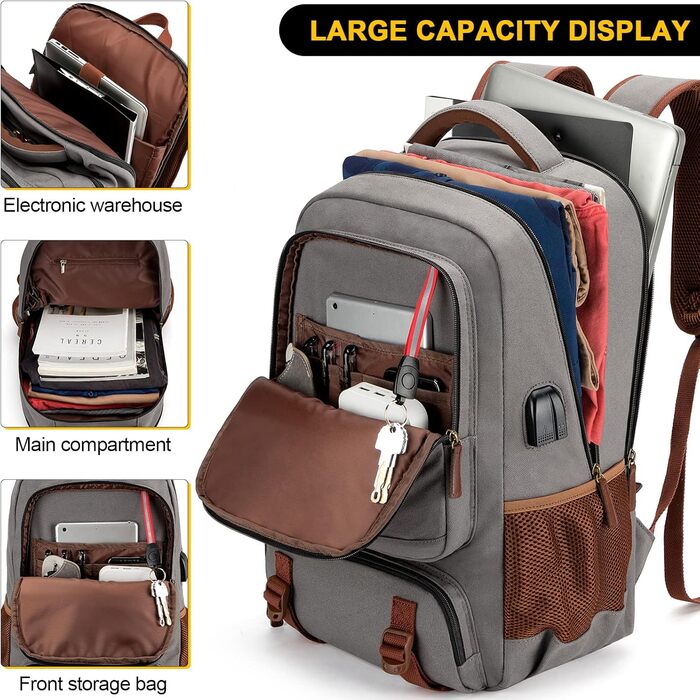 Tzowla Canvas Laptop Rucksack, Sailing Fabric Travel Backpack, Unisex Travel Bag, Work Backpack for 15.6 inch Laptop, Book Bag with USB Charging Port, (17.3 inch, Khaki)