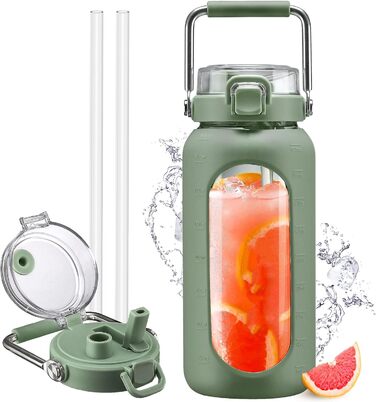 1.9L Glass Water Bottle, Glass Drinking Bottle with Straw and Stainless Steel Handle, Motivational Water Bottle with Silicone Sleeve and Time Marker, Water Pitch, (Olive2, 1900ML)