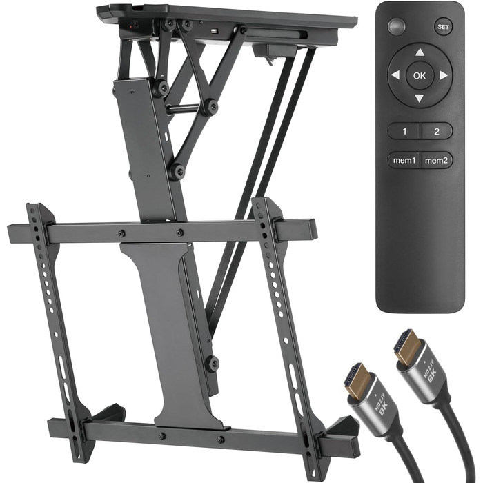 Maclean Tiltable TV Mount for Ceilings & Sloped Roofs - 32-70 Inch TVs, 3m HDMI 2.1a Cable, Remote Control, Up to 35kg, VESA 600x400