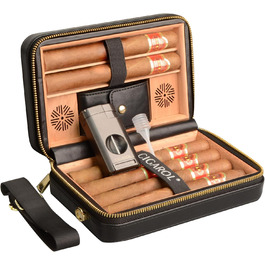 Чохол для сигар, переносний шкіряний гумодор, з запальничкою, вміщує до 6 сигар, чудовий подарунок для чоловіків (без сигар), чорний