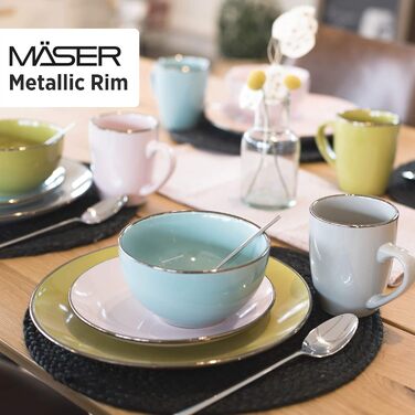 Набір посуду Mäser з кам'яної кераміки METALLIC RIM, 24 предмети, світло-блакитний