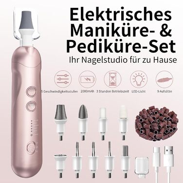 Електричний набір для манікюру та педикюру AOMEES з 9 насадками, LED-підсвічуванням та сумкою (Champagnergold)
