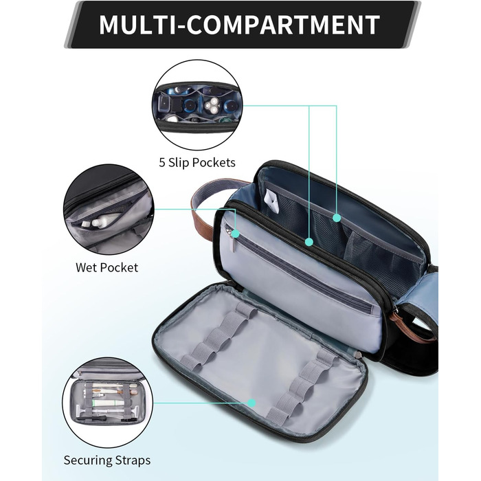 Чоловіча дорожня косметичка ECOHUB, водонепроникна, з відділенням для мокрого одягу, з ремінцями, з перероблених матеріалів, з подвійною блискавкою (Синьо-зелений, Чорний)