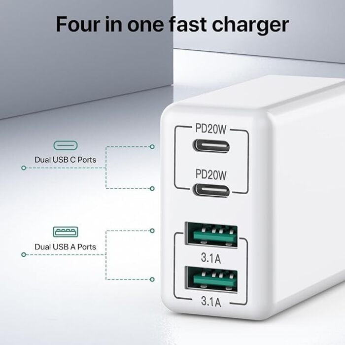 Блок зарядного пристрою USB C на 40W з 4 портами, швидка зарядка PD+QC, для iPhone, Samsung, Tablet, білий (3 шт.)