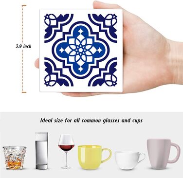 Coasters for drinks, 6 pieces, yellow lemon, fruit, blue ceramic tiles, pattern, absorbent, square, ceramic stone mat, with cork bottom and metal holder, housewarming gift, (Blue Ceramic)