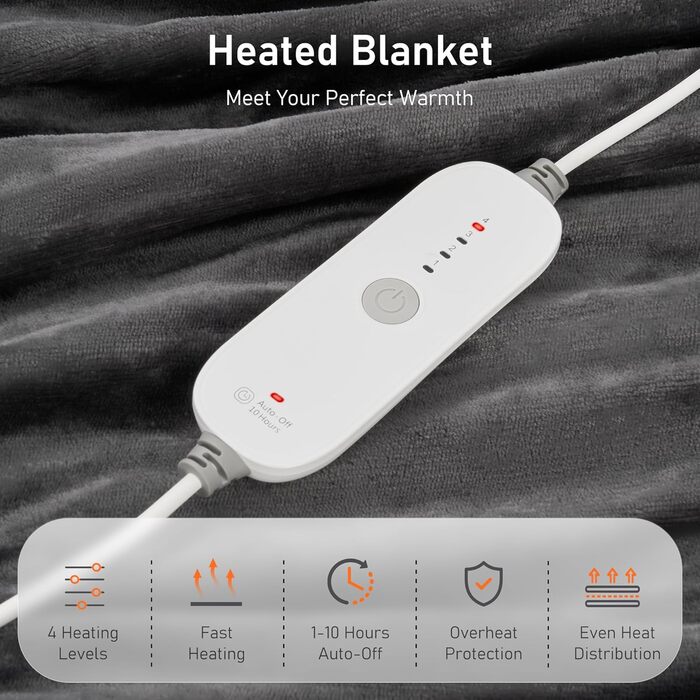 Електрична ковдра CURECURE з підігрівом, 150 x 200 см, 4 режими, таймер, захист від перегріву, для ліжка/дивану, сірий колір