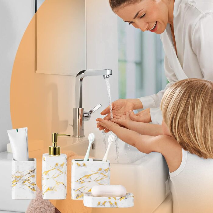 Набір аксесуарів для ванної кімнати (4 шт) – набір білого кольору з дозатором для лосьйону, тримачем для зубних щіток, склянкою та мильницею – блискуча поверхня (мармур, білий)