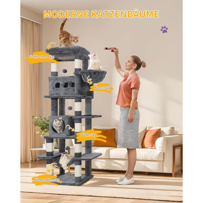 Багатоповерховий котячий будиночок з когтеточками Hzuaneri MS17018LG, 170 см, сірий