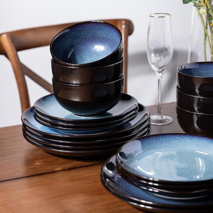 Набір посуду LeRatio на 8 осіб: 24 предмести, кераміка, реактивна глазур, блакитний, для посудомийної машини та мікрохвильовки