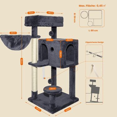 Драбина-кіготь для котів великих порід, кіготь-будинок з сизалю, платформа, м'ячики та щітка, 95 см, темно-сірий