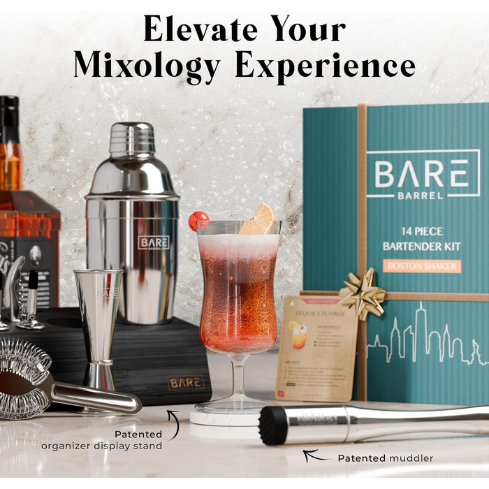 Bare Barrel Pro Cocktail Set - 14-Piece Boston Shaker Set with Stand & Recipe Cards - Bar Accessories - 24oz Cobbler Shaker (Jet Black, Silver, Black)