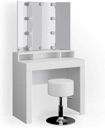 Туалетний столик Vicco Nora з дзеркалом, білий, 90 см, з LED підсвіткою та пуфом