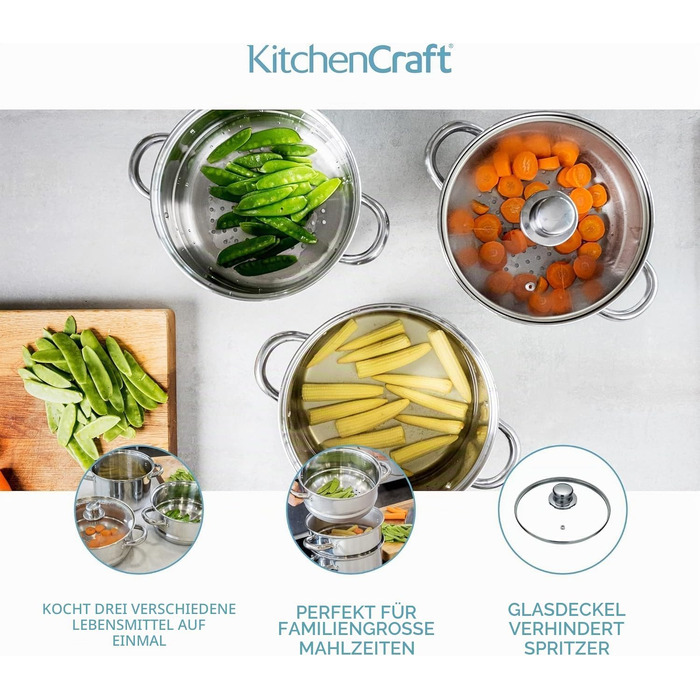 Набір каструль KitchenCraft з пароваркою, 3 предмети, нержавіюча сталь, для індукційних плит, 22 см, сріблястий