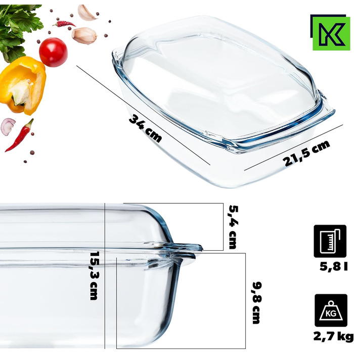 Жароміцна скляна форма KADAX з кришкою, 5.8 л, прямокутна, для запікання, лазаньї, овочевого рагу, використання у духовці