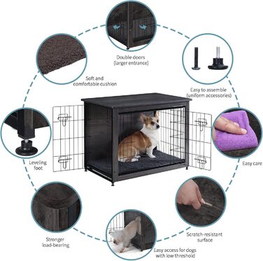 Клітка для собак DWANTON з подушкою, середнього розміру, з дерева, з подвійними дверцятами, клітка для собак, внутрішнє використання, хатинка для собак, приліжкова тумбочка, 82,5 см, темно-сірий