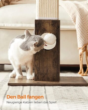 Feandrea Cat Tree, Scratching Post, Cat Scratching Tree, 10 cm Thick Trunk, Scratching Post Made of Natural Sisal Rope, 73 cm High, with Plush Play Ball, Furniture Scratch Protector, PCA021G01 (Vintage Brown)