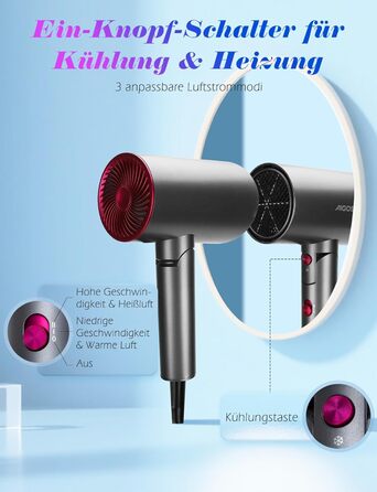 Aigostar Фен для подорожей 2100W з складною ручкою, сірий, з захистом від перегріву, з сумкою