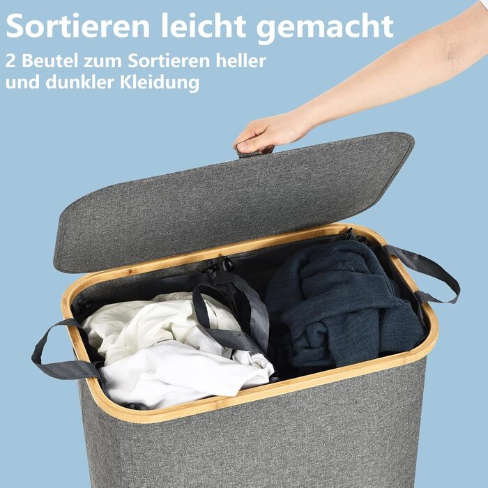 ROSOS Laundry Basket with Lid, 145L Foldable Laundry Basket with 2 Compartments and Removable Laundry Bag, Laundry Collector with Lid & Bamboo Handle, Waterproof Laundry Box with Lid, Grey