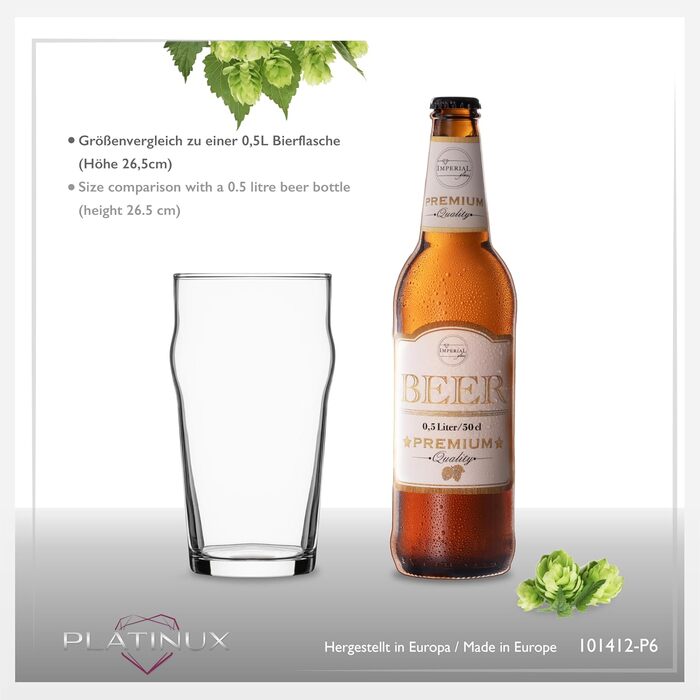 Набір склянок для пива PLATINUX 6 шт, 500 мл (макс. 568 мл) - Pint, Weizen, високі склянки для пива