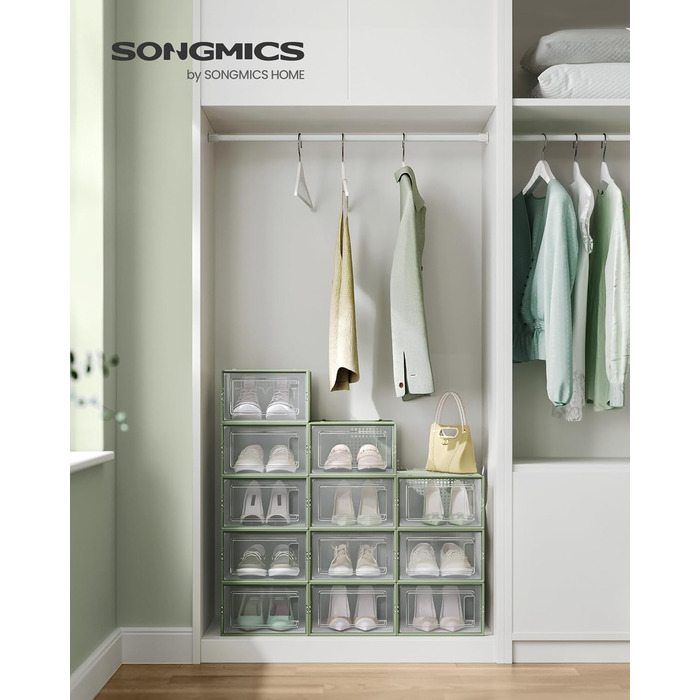SONGMICS Shoe Boxes, 12-Piece Set, Plastic Shoe Organizer, Foldable and Stackable, for Shoes up to Size 44, Transparent-White LSP12SWT (12-Piece Set for Shoes up to Size 44, Transparent + Laurel Green)
