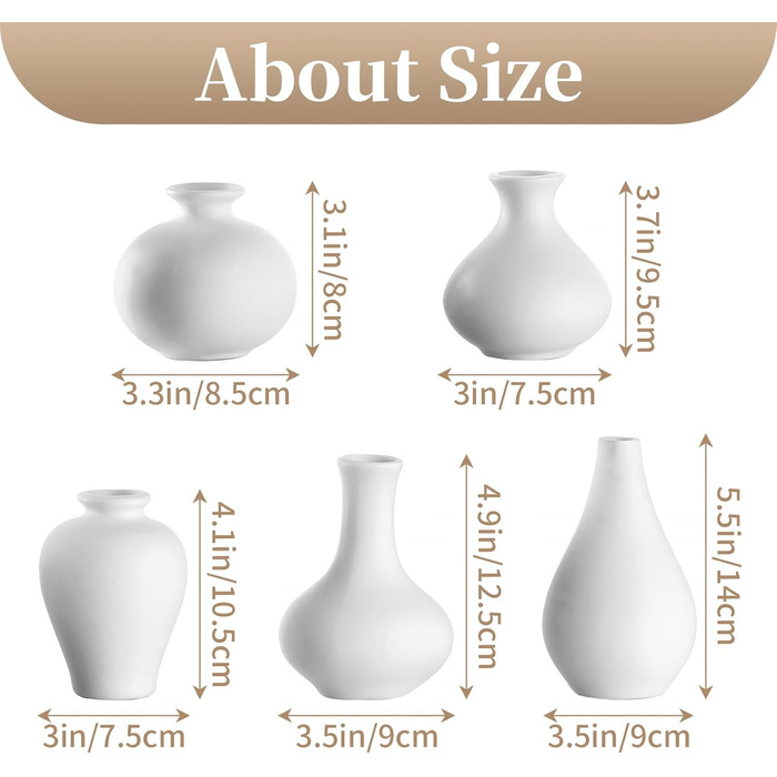 Set of 5 Small White Ceramic Vases - Mini Handmade Vases for Pampas Grass & Flowers - Modern Home Decor for Living Room, Kitchen, Office & Table