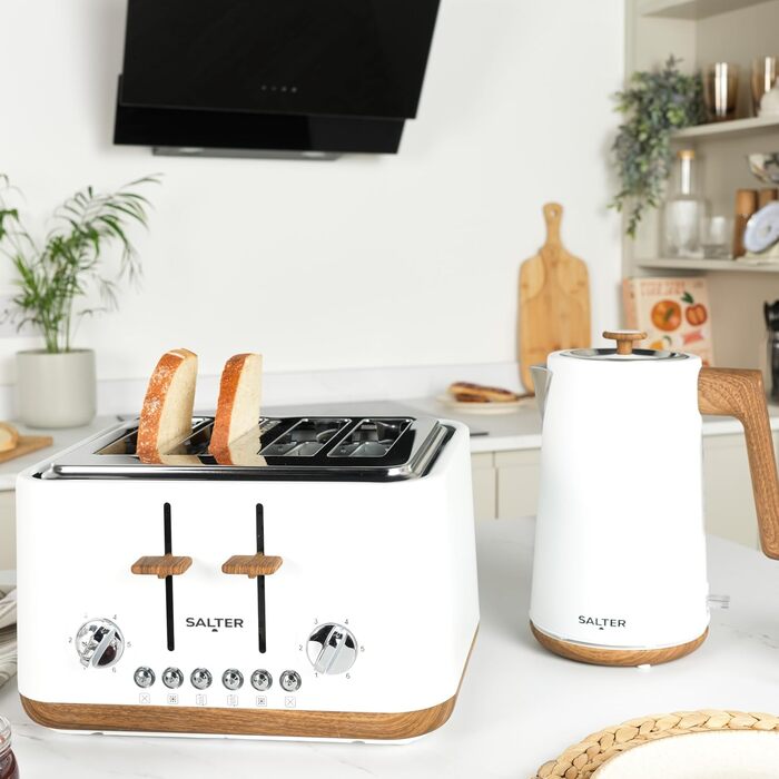 Тостер SALTER Toronto з широкими слотами, 6 режимів підсмажування, знімний піддон для крихт, функція розморожування, підігріву та відключення, самоцентрування, підйом, білий, UK-штекер